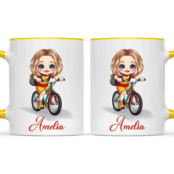 Personalised Bicycle Adventure Mug / Cup (Ceramic or Enamel) – Customised with Name, Hair, Eyes & Skin Tone