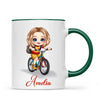 Personalised Bicycle Adventure Mug / Cup (Ceramic or Enamel) – Customised with Name, Hair, Eyes & Skin Tone