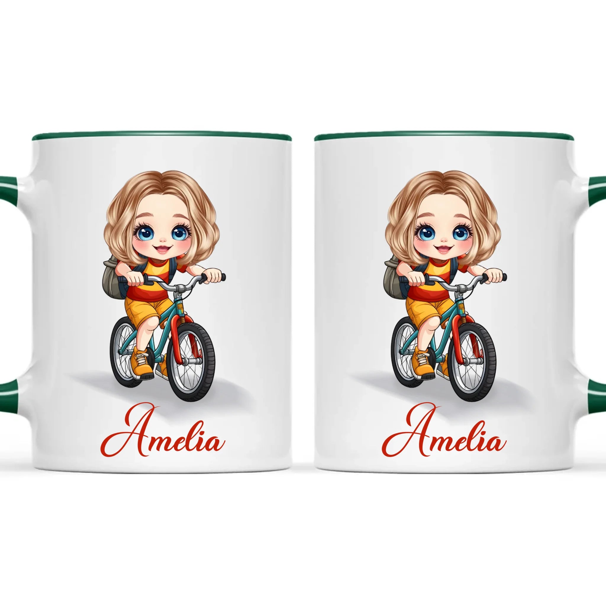 Personalised Bicycle Adventure Mug / Cup (Ceramic or Enamel) – Customised with Name, Hair, Eyes & Skin Tone