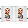 Personalised Bicycle Adventure Mug / Cup (Ceramic or Enamel) – Customised with Name, Hair, Eyes & Skin Tone