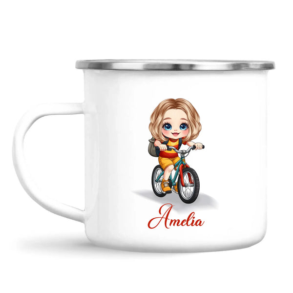 Personalised Bicycle Adventure Mug / Cup (Ceramic or Enamel) – Customised with Name, Hair, Eyes & Skin Tone