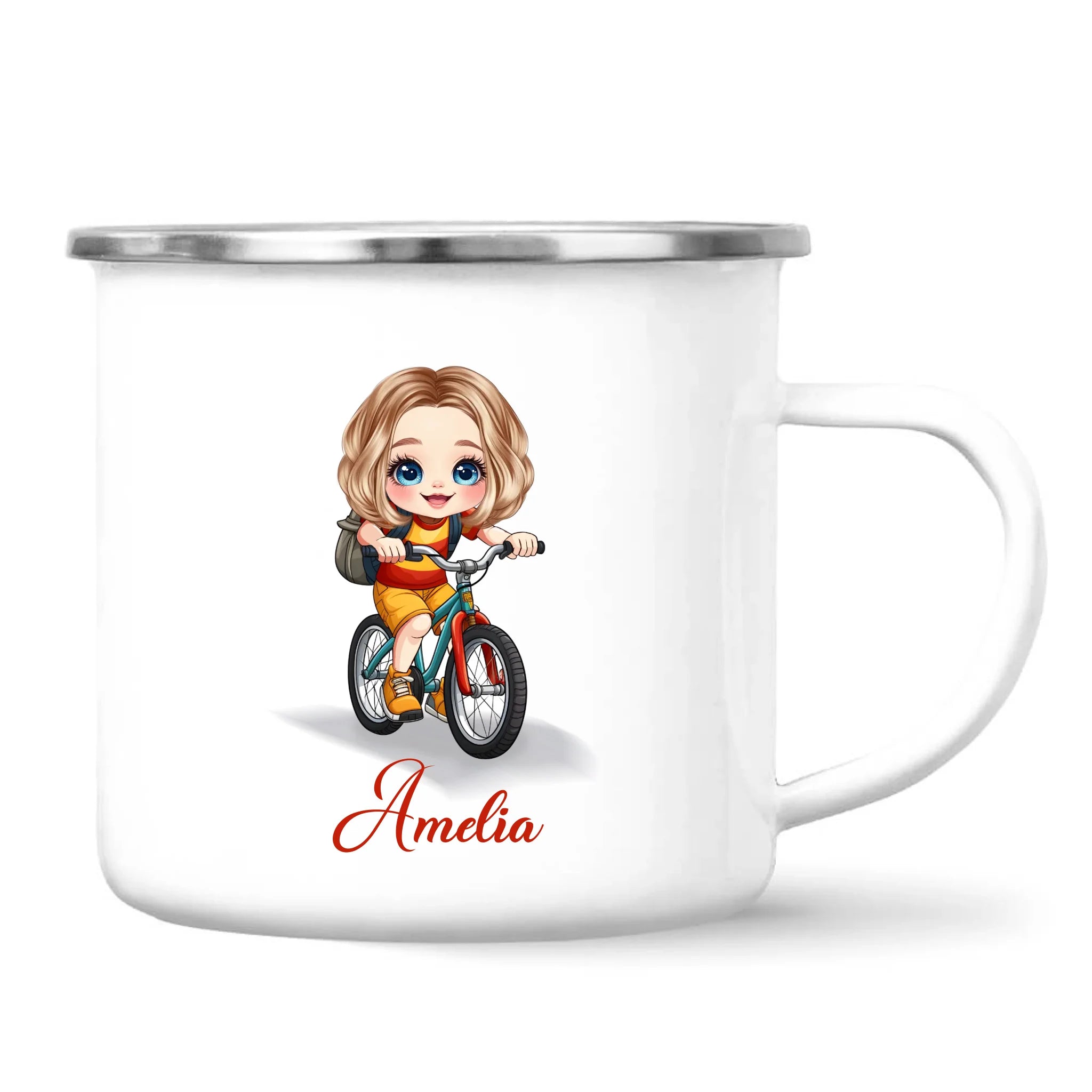 Personalised Bicycle Adventure Mug / Cup (Ceramic or Enamel) – Customised with Name, Hair, Eyes & Skin Tone