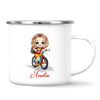Personalised Bicycle Adventure Mug / Cup (Ceramic or Enamel) – Customised with Name, Hair, Eyes & Skin Tone