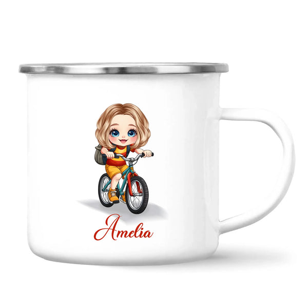 Personalised Bicycle Adventure Mug / Cup (Ceramic or Enamel) – Customised with Name, Hair, Eyes & Skin Tone