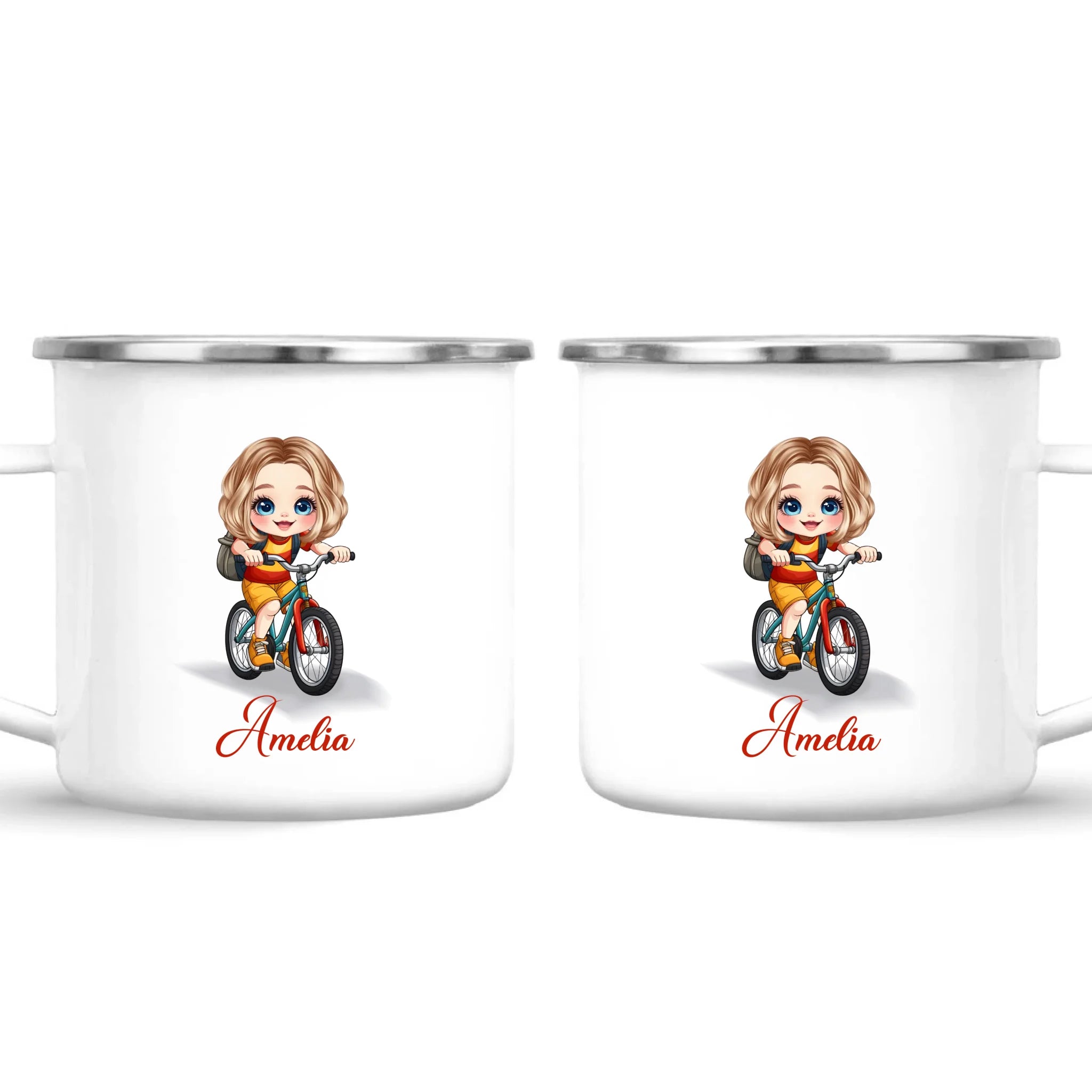 Personalised Bicycle Adventure Mug / Cup (Ceramic or Enamel) – Customised with Name, Hair, Eyes & Skin Tone