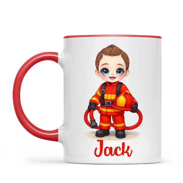 🚒 Personalised Firefighter Hero Mug / Cup (Ceramic or Enamel) – Customised with Name, Hair, Eyes & Skin Tone