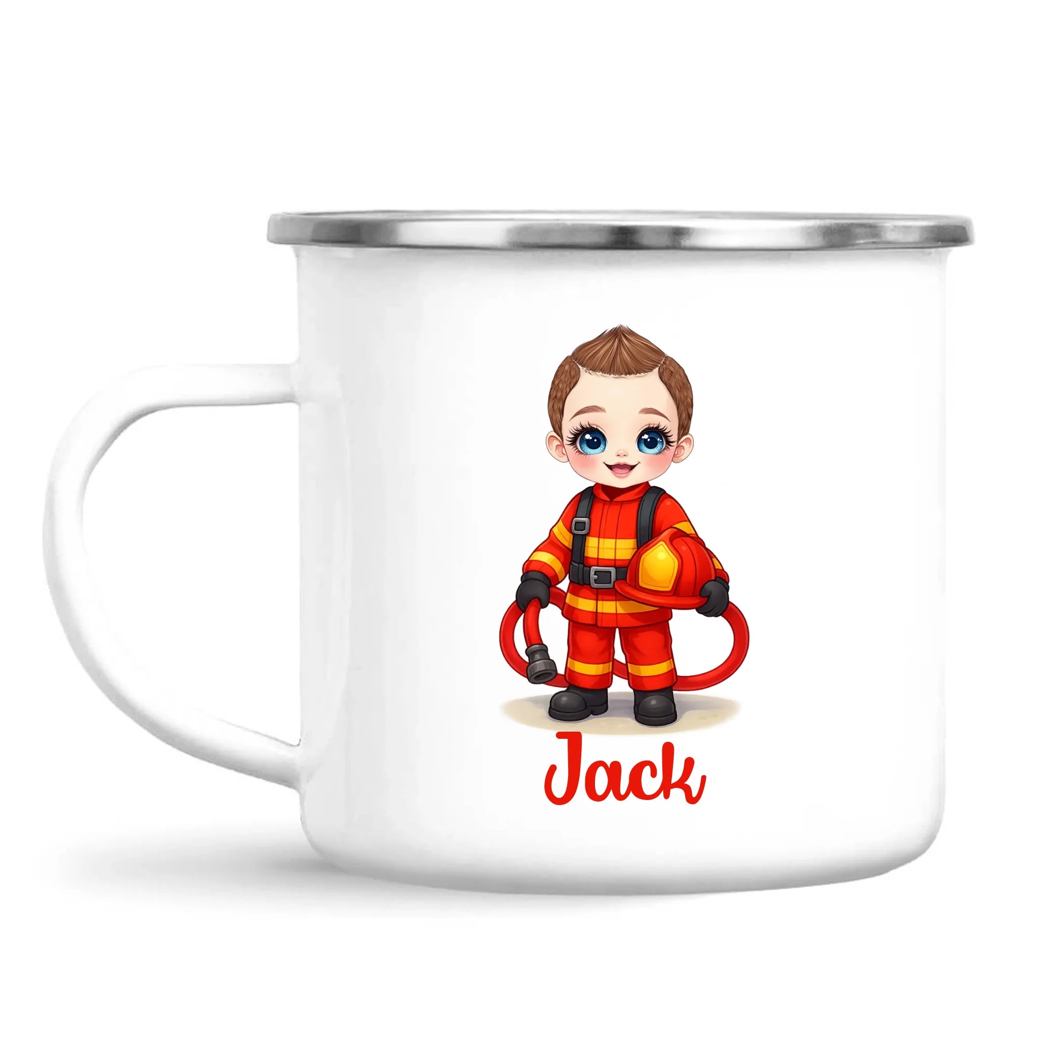 🚒 Personalised Firefighter Hero Mug / Cup (Ceramic or Enamel) – Customised with Name, Hair, Eyes & Skin Tone