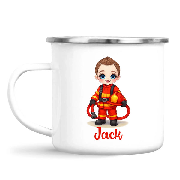 🚒 Personalised Firefighter Hero Mug / Cup (Ceramic or Enamel) – Customised with Name, Hair, Eyes & Skin Tone