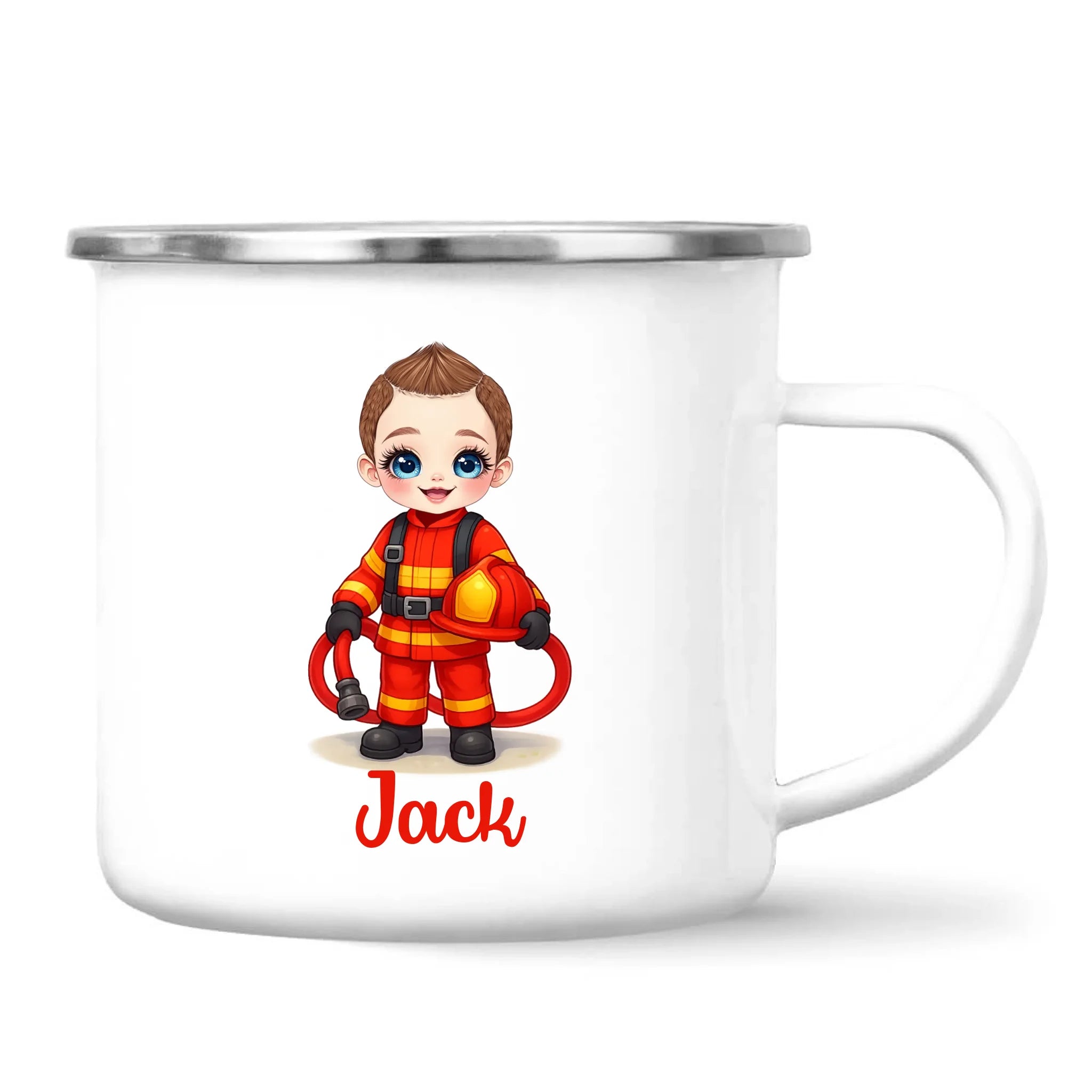 🚒 Personalised Firefighter Hero Mug / Cup (Ceramic or Enamel) – Customised with Name, Hair, Eyes & Skin Tone