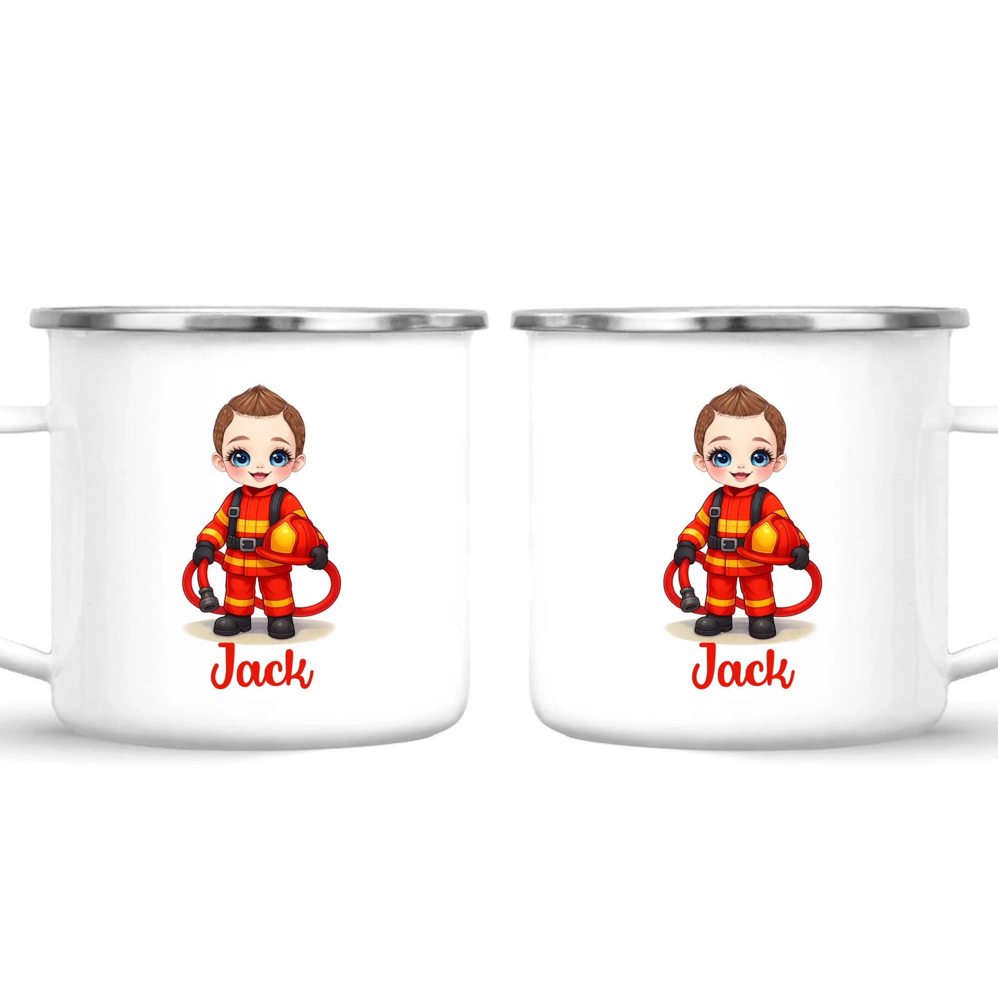 🚒 Personalised Firefighter Hero Mug / Cup (Ceramic or Enamel) – Customised with Name, Hair, Eyes & Skin Tone