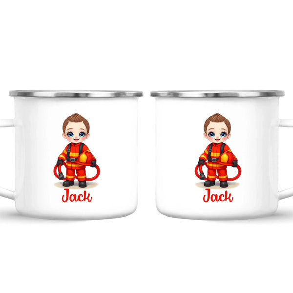 🚒 Personalised Firefighter Hero Mug / Cup (Ceramic or Enamel) – Customised with Name, Hair, Eyes & Skin Tone