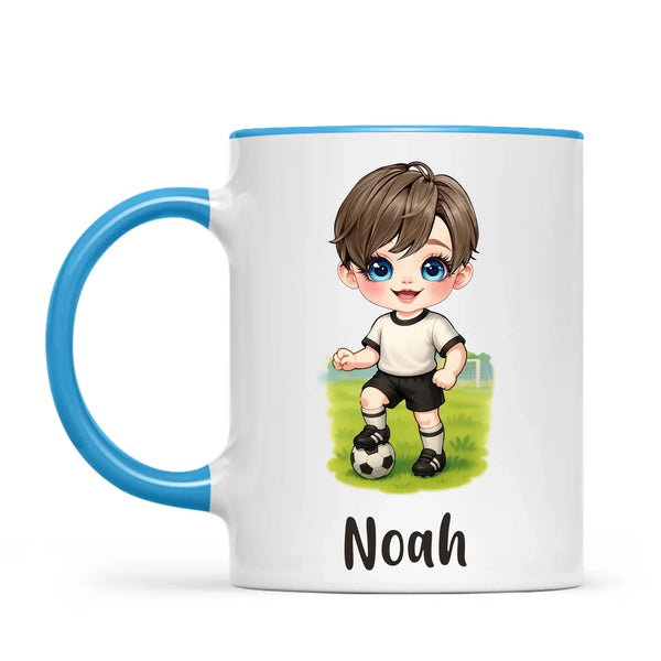 Personalised Soccer Kid Mug / Cup 11oz – Customised with Name, Hair, Eyes & Skin Tone