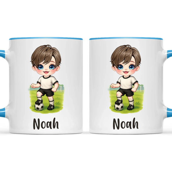 Personalised Soccer Kid Mug / Cup 11oz – Customised with Name, Hair, Eyes & Skin Tone