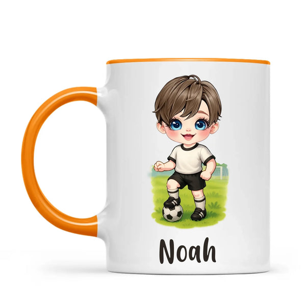 Personalised Soccer Kid Mug / Cup 11oz – Customised with Name, Hair, Eyes & Skin Tone