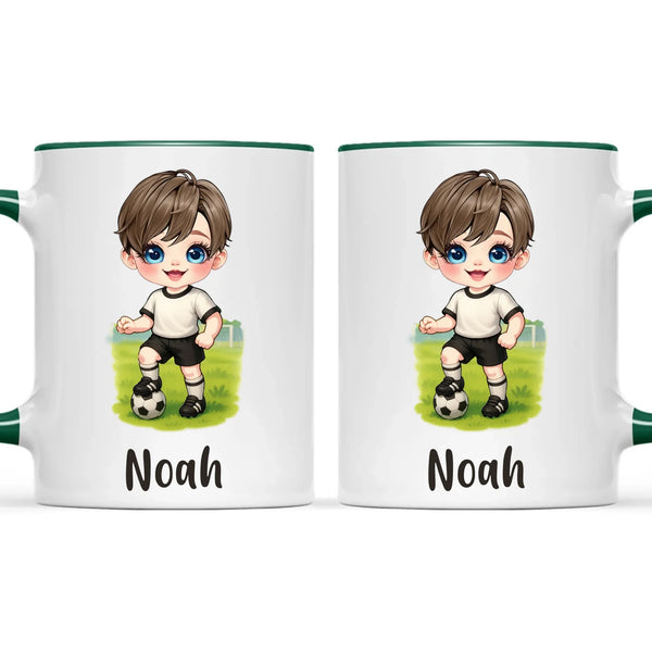 Personalised Soccer Kid Mug / Cup 11oz – Customised with Name, Hair, Eyes & Skin Tone