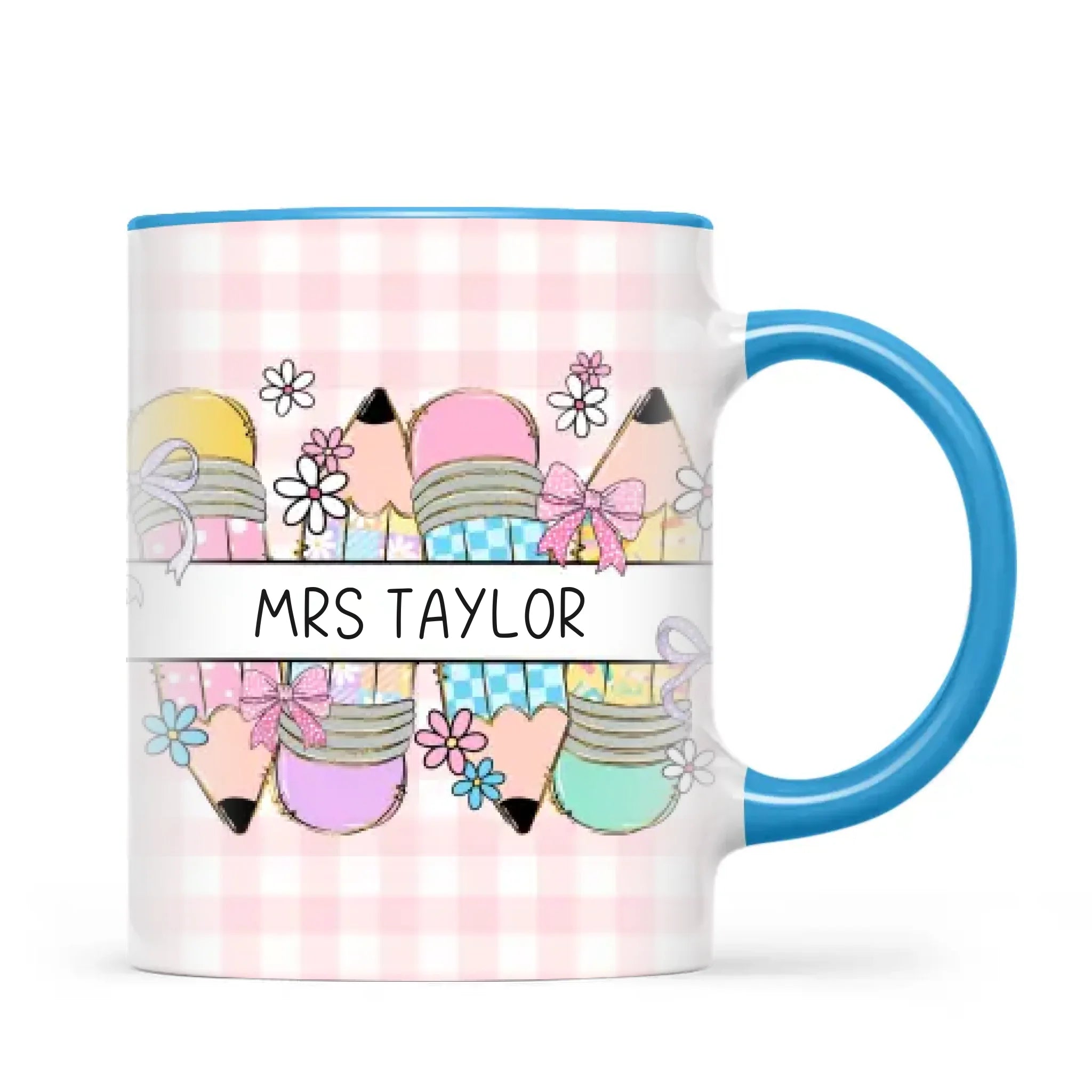 Personalised Best Teacher Ever Mug, Pink Gingham Pencils, view 8