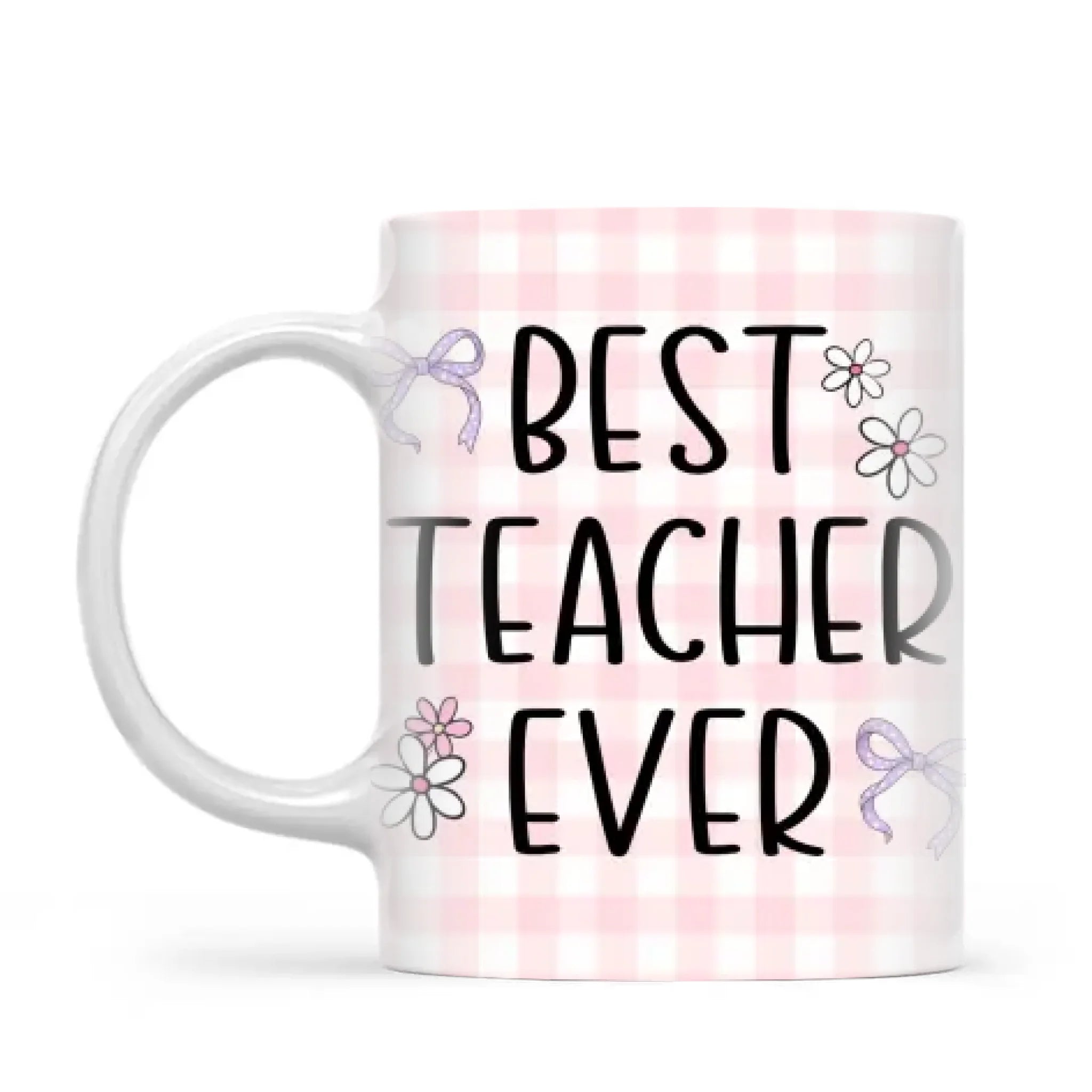 Personalised Best Teacher Ever Mug, Pink Gingham Pencils