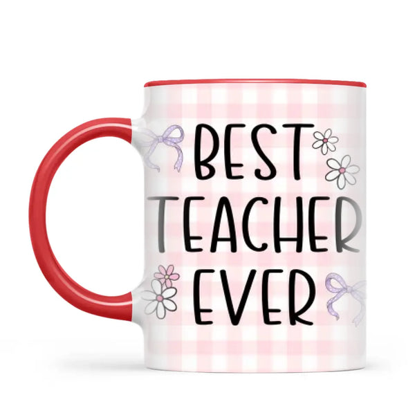 Personalised Best Teacher Ever Mug, Pink Gingham Pencils, view 4
