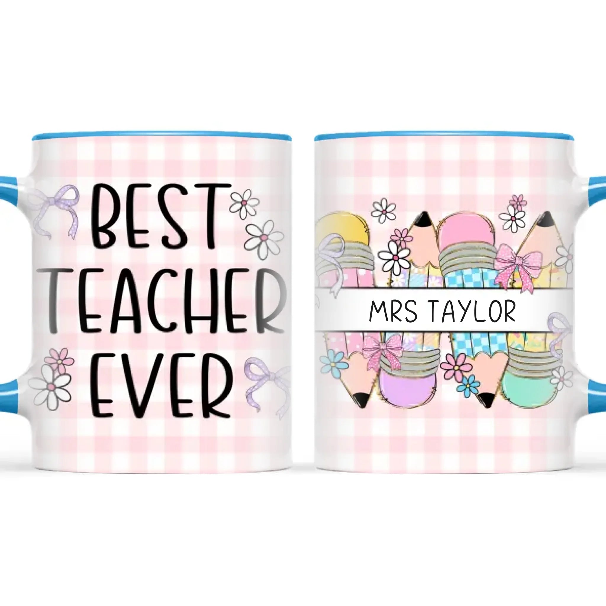 Personalised Best Teacher Ever Mug, Pink Gingham Pencils, view 9