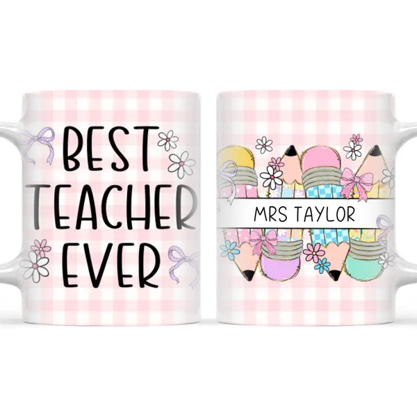 Personalised Best Teacher Ever Mug, Pink Gingham Pencils, view 3
