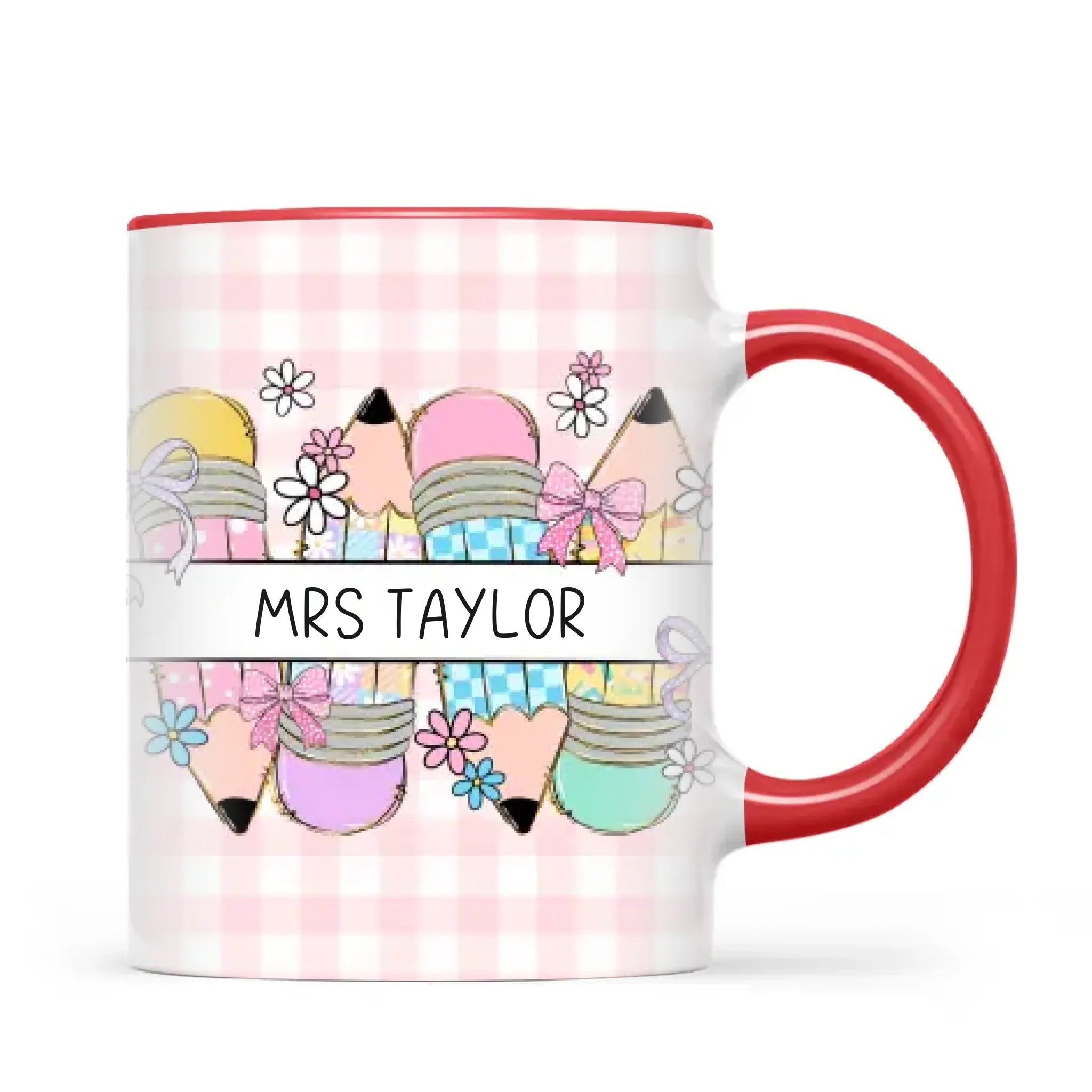 Personalised Best Teacher Ever Mug, Pink Gingham Pencils, view 5
