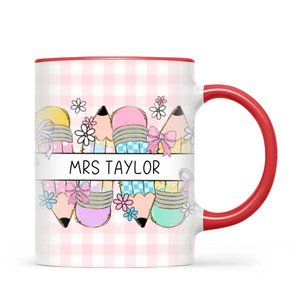 Personalised Best Teacher Ever Mug, Pink Gingham Pencils, view 5