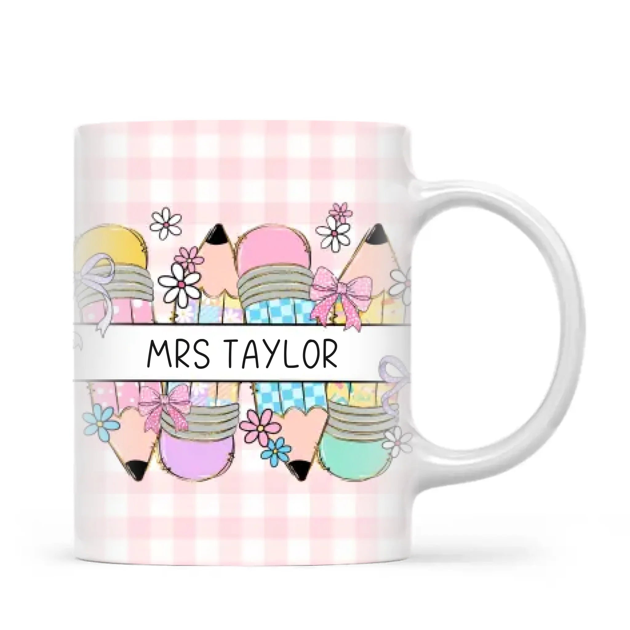 Personalised Best Teacher Ever Mug, Pink Gingham Pencils, view 2