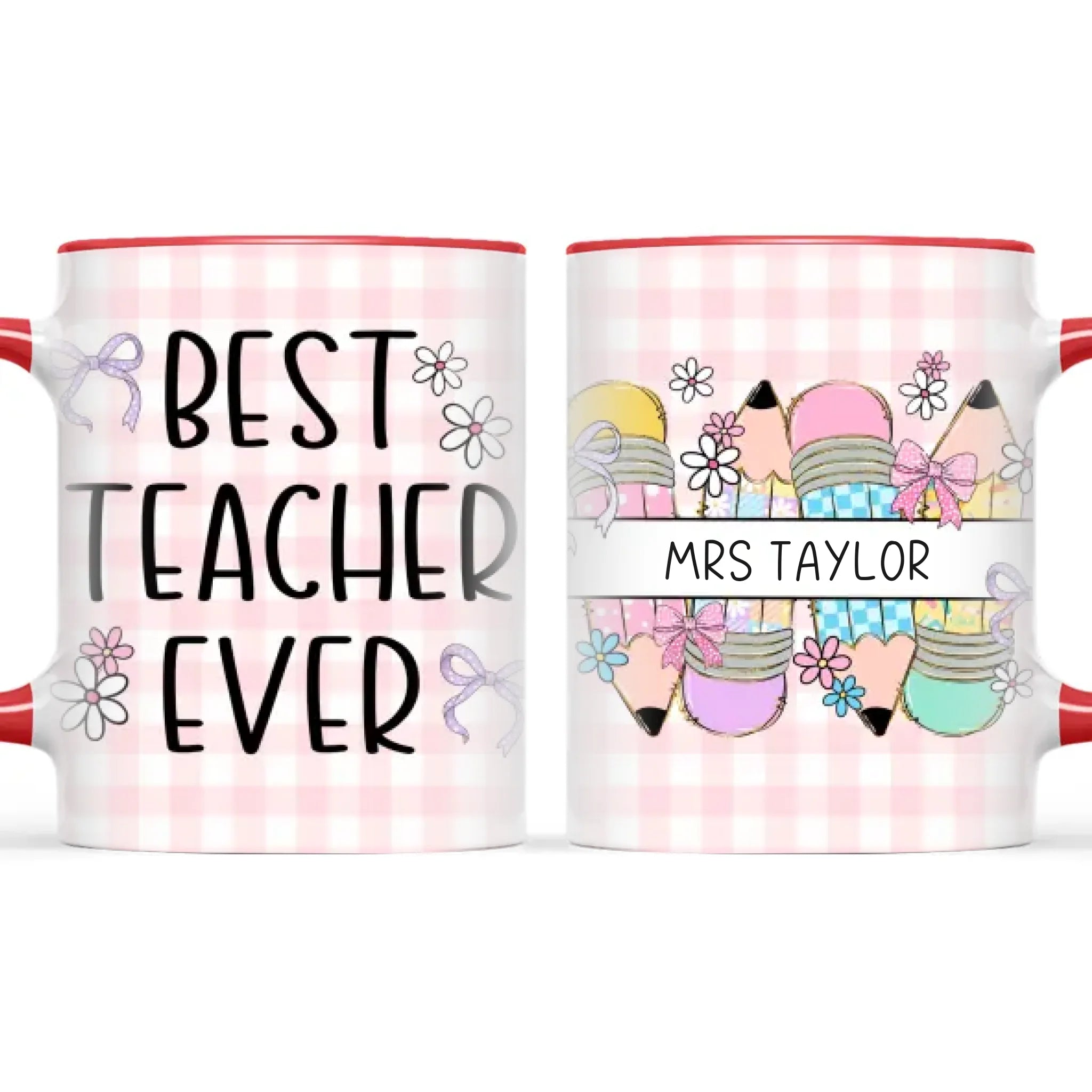 Personalised Best Teacher Ever Mug, Pink Gingham Pencils, view 6