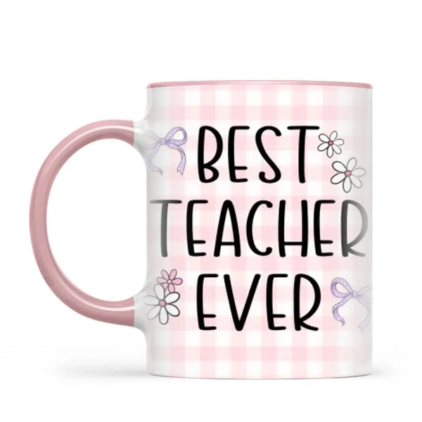 Personalised Best Teacher Ever Mug, Pink Gingham Pencils, view 13