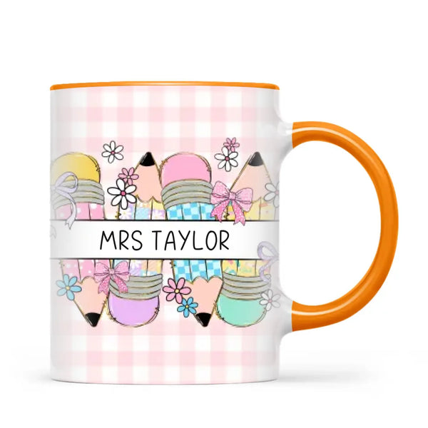 Personalised Best Teacher Ever Mug, Pink Gingham Pencils, view 11