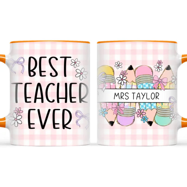 Personalised Best Teacher Ever Mug, Pink Gingham Pencils, view 12