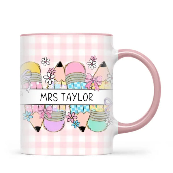 Personalised Best Teacher Ever Mug, Pink Gingham Pencils, view 14