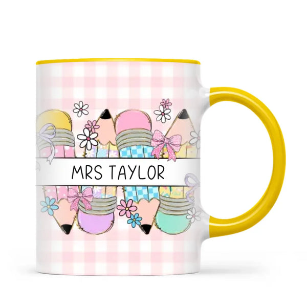 Personalised Best Teacher Ever Mug, Pink Gingham Pencils, view 17
