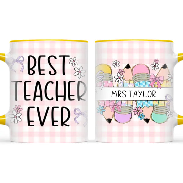 Personalised Best Teacher Ever Mug, Pink Gingham Pencils, view 18