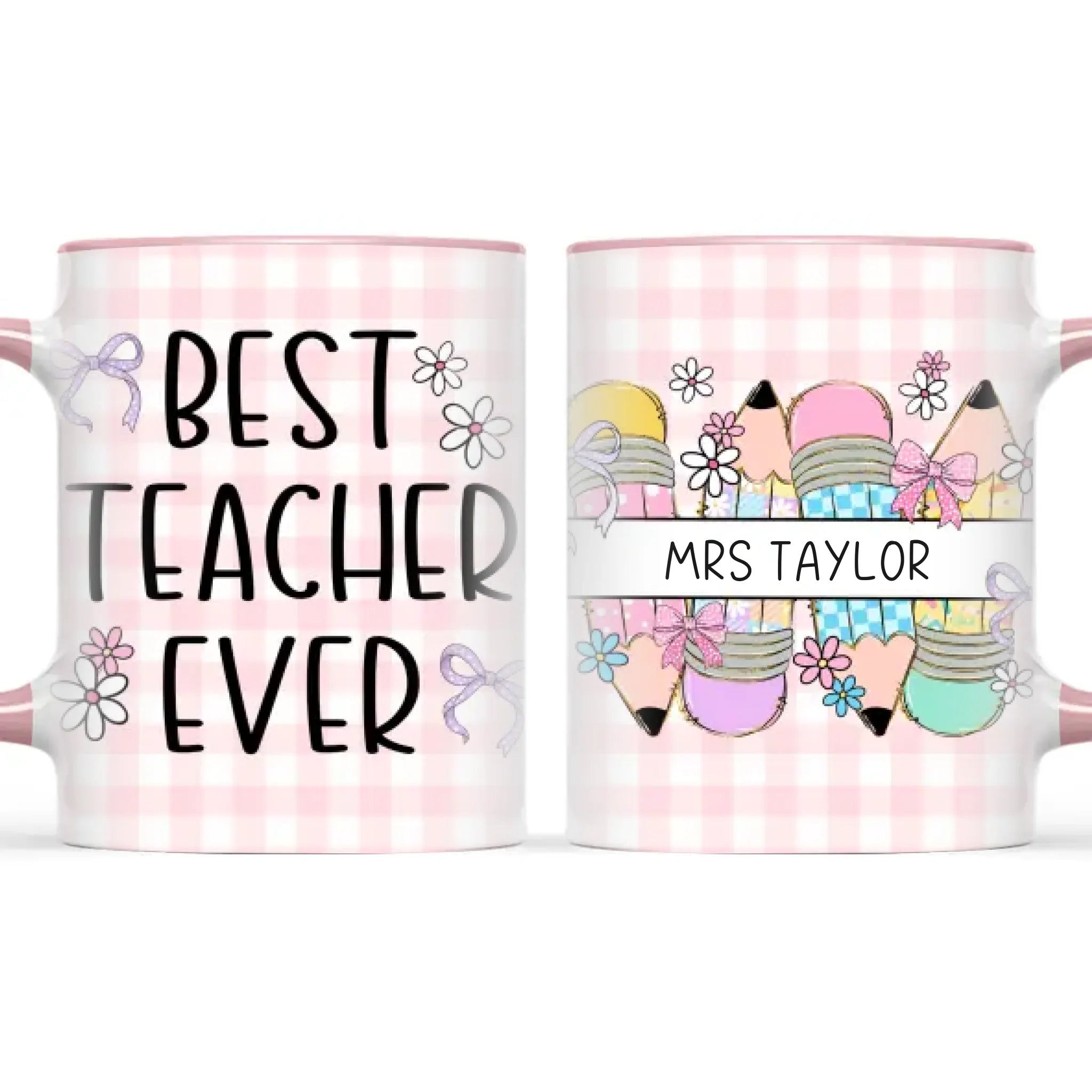 Personalised Best Teacher Ever Mug, Pink Gingham Pencils, view 15