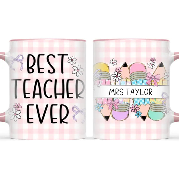 Personalised Best Teacher Ever Mug, Pink Gingham Pencils, view 15