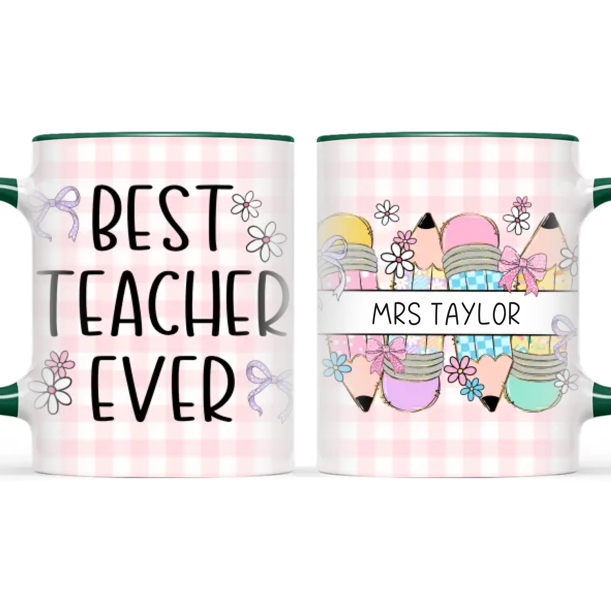 Personalised Best Teacher Ever Mug, Pink Gingham Pencils, view 21