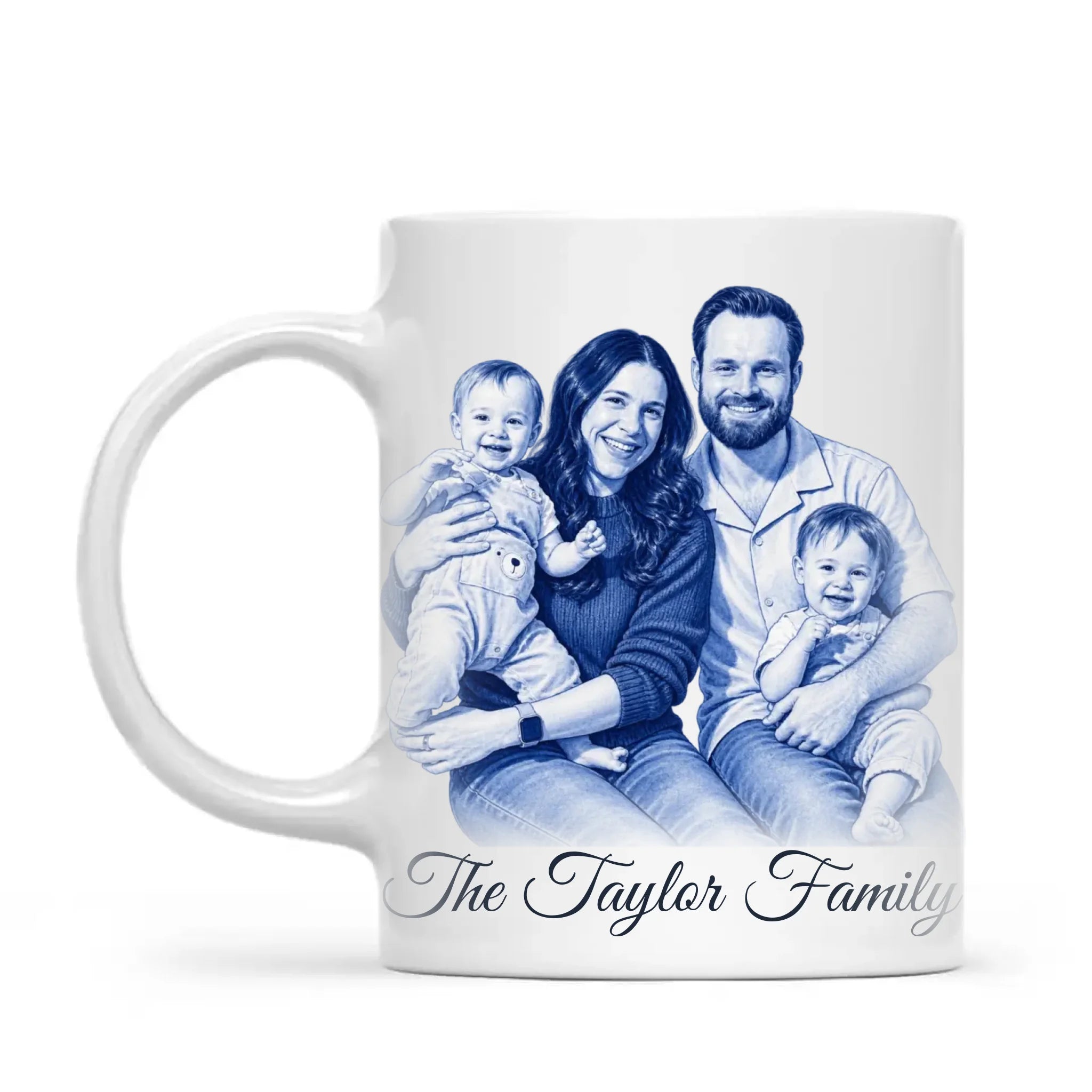 Personalised Blue and White China Family Portrait Mug from Your Photo
