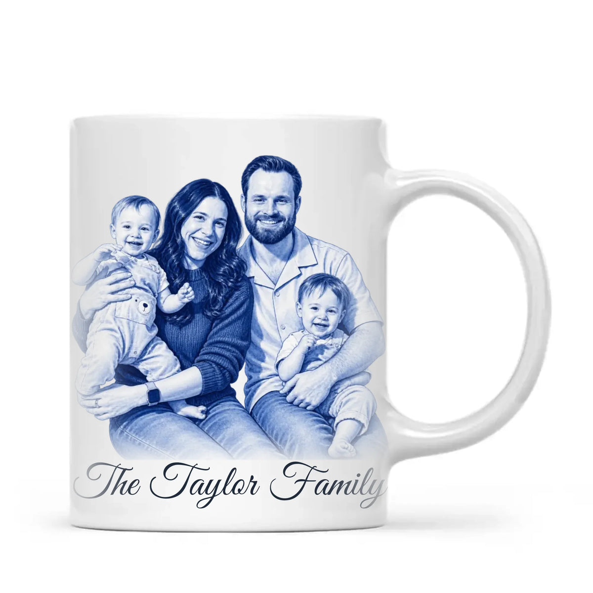 Personalised Blue and White China Family Portrait Mug from Your Photo, view 2