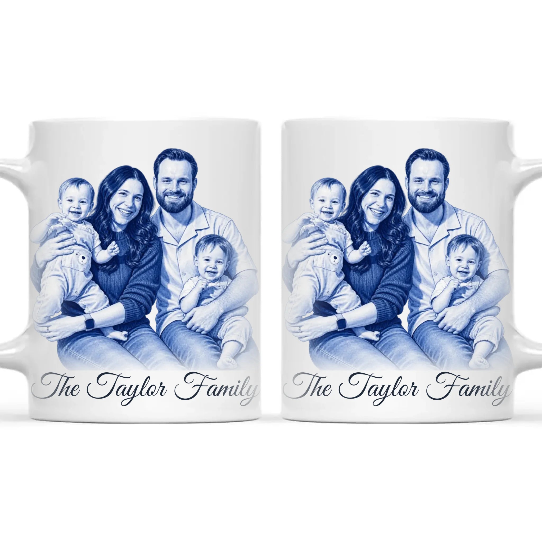 Personalised Blue and White China Family Portrait Mug from Your Photo