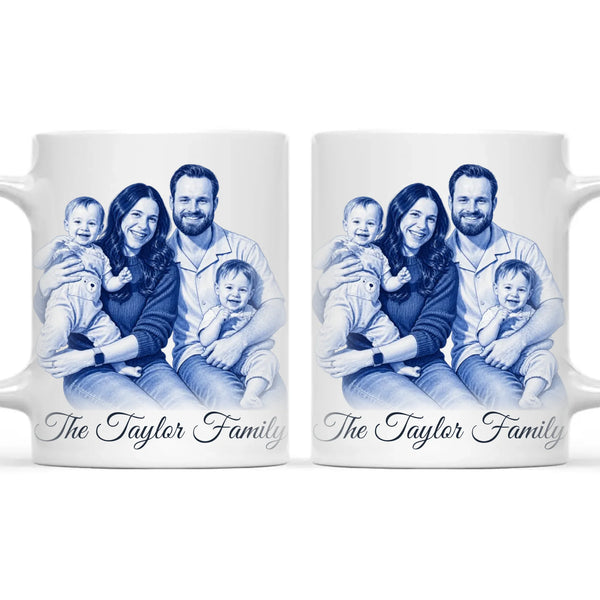 Personalised Blue and White China Family Portrait Mug from Your Photo
