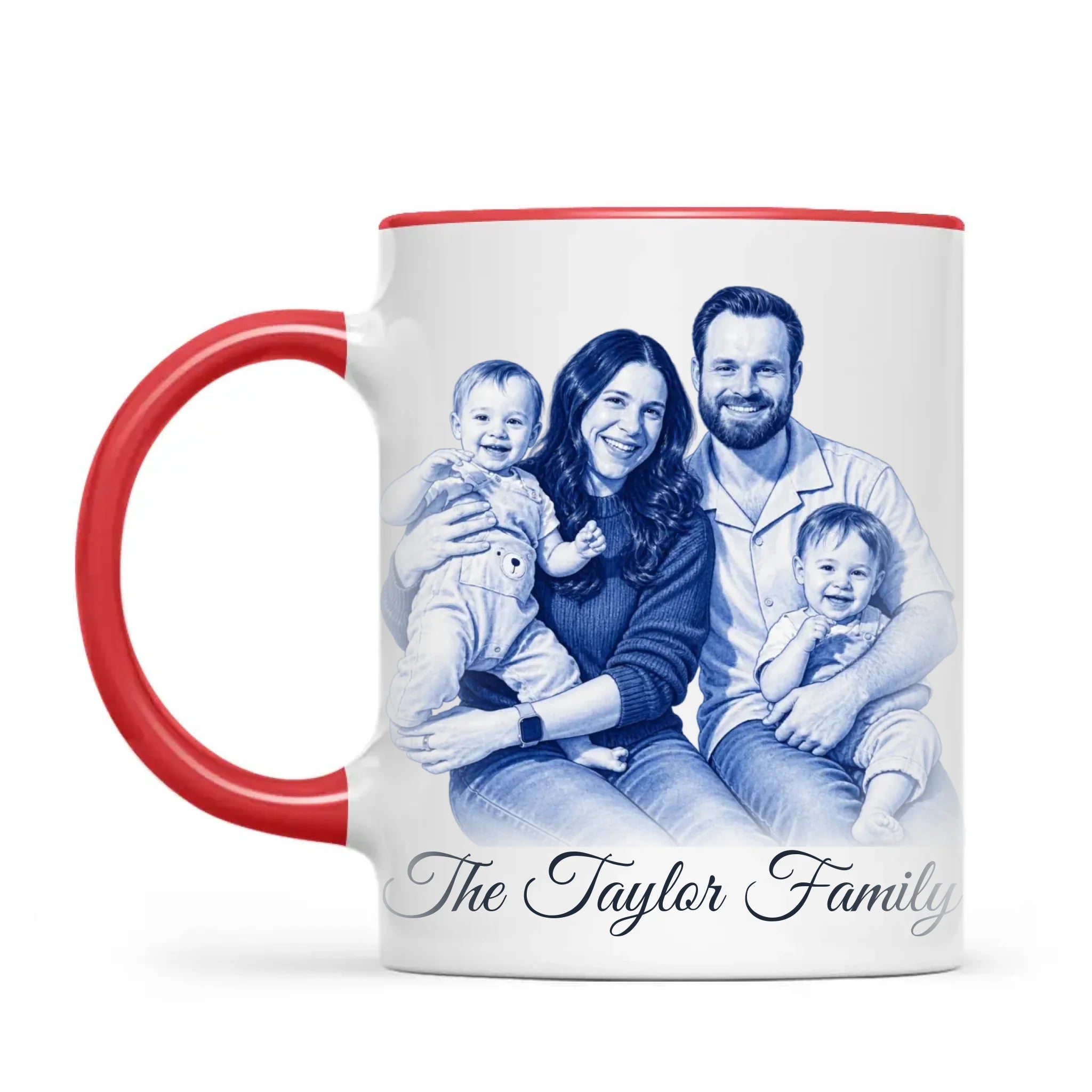 Personalised Blue and White China Family Portrait Mug from Your Photo