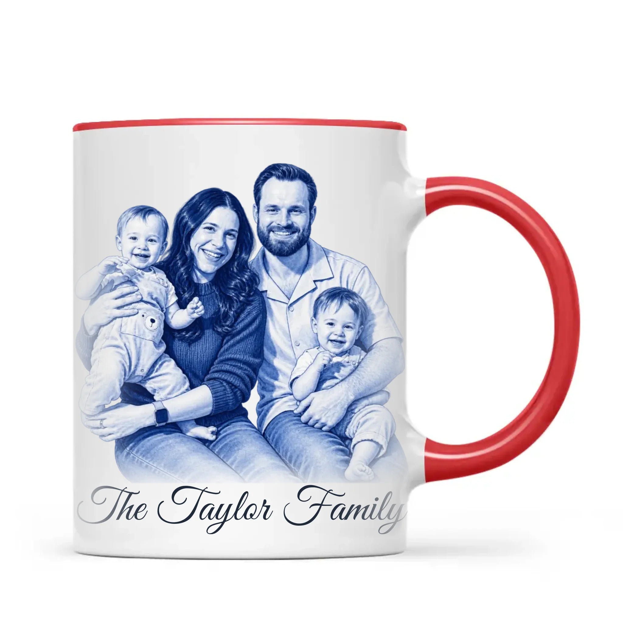 Personalised Blue and White China Family Portrait Mug from Your Photo