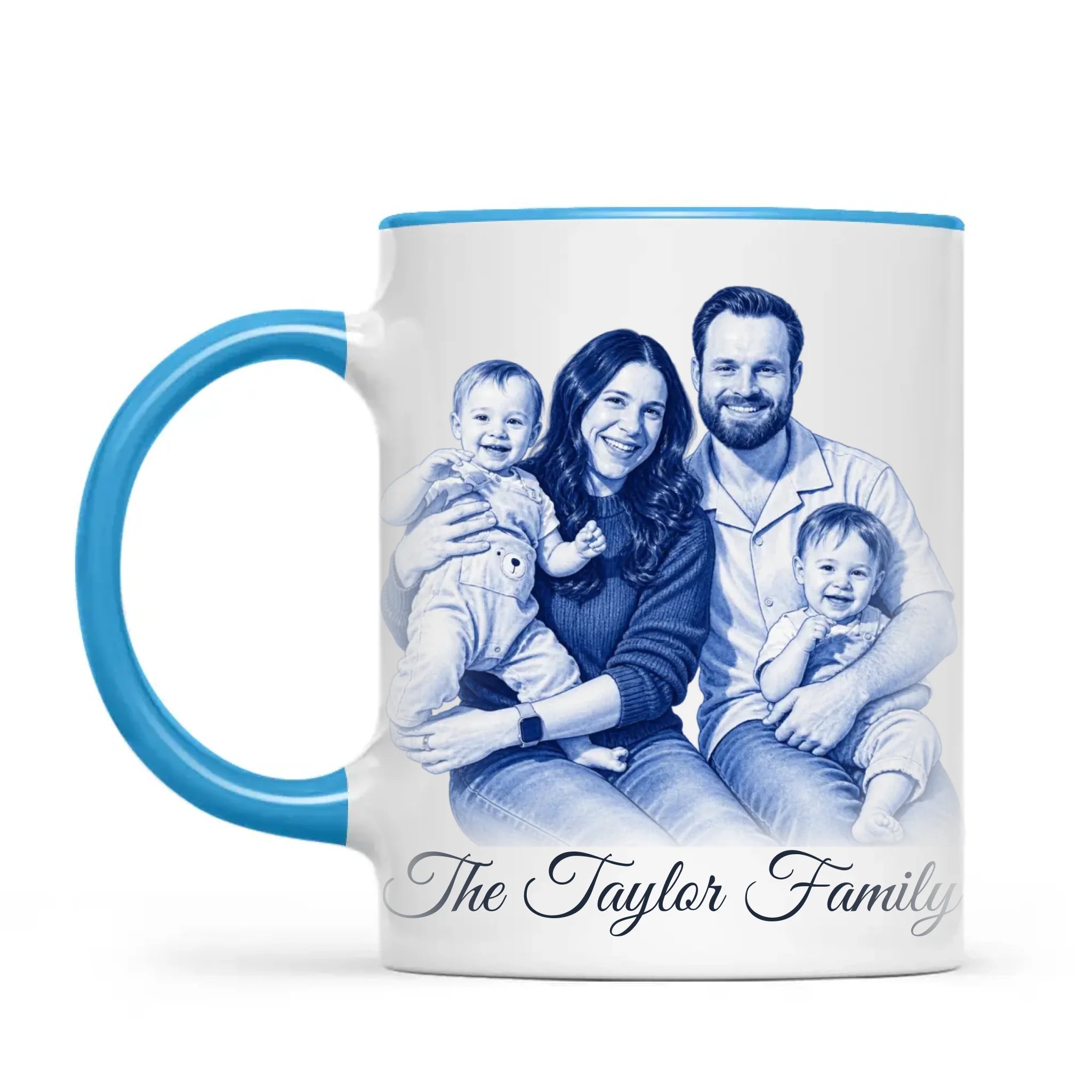 Personalised Blue and White China Family Portrait Mug from Your Photo