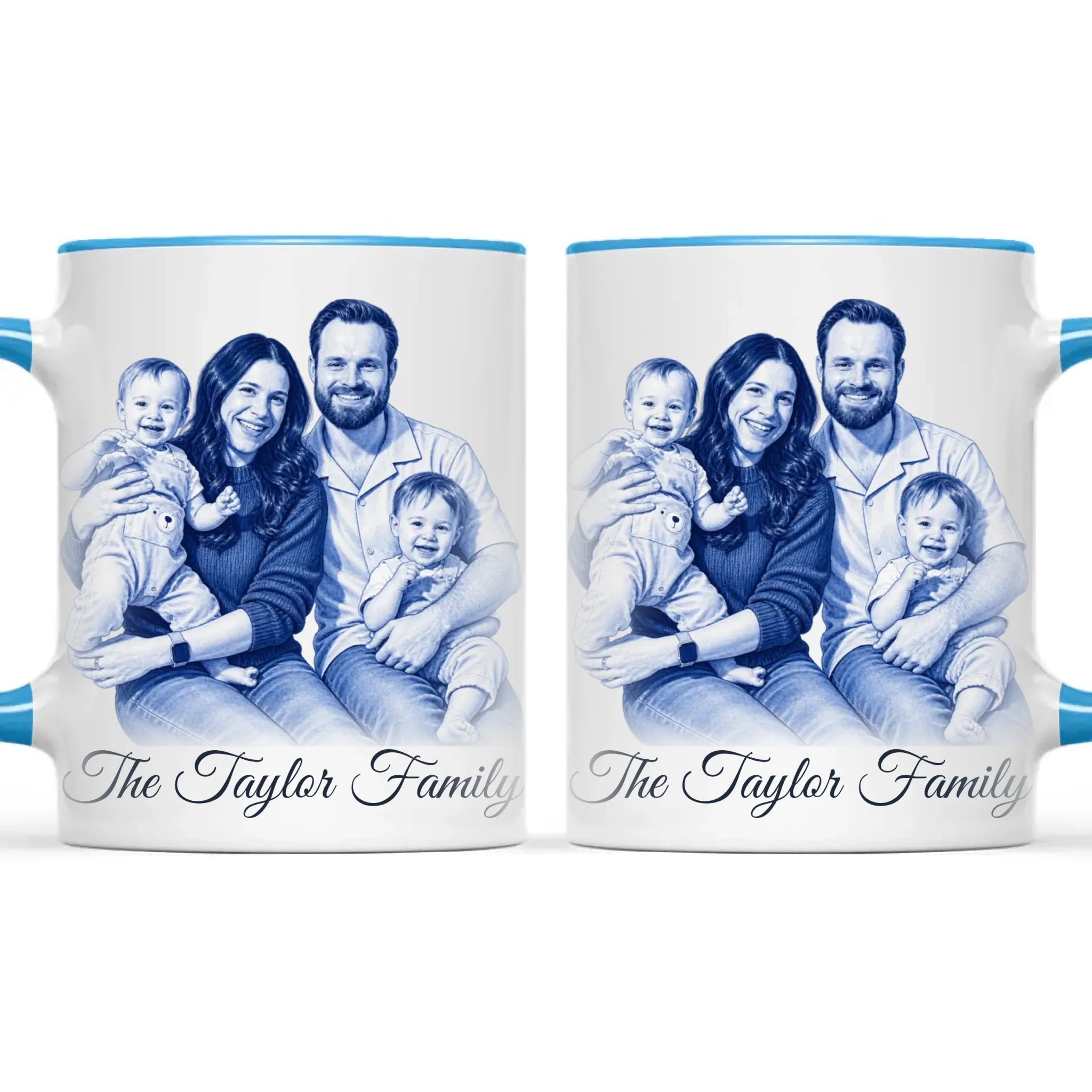 Personalised Blue and White China Family Portrait Mug from Your Photo
