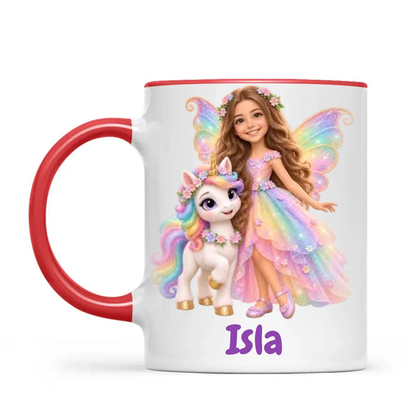 Personalised Unicorn Fairy Kids Photo Mug, 11oz mug with red handle and rim