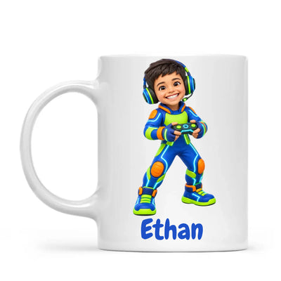 Personalised Gamer Hero Kids Cartoon Mug from Your Photo