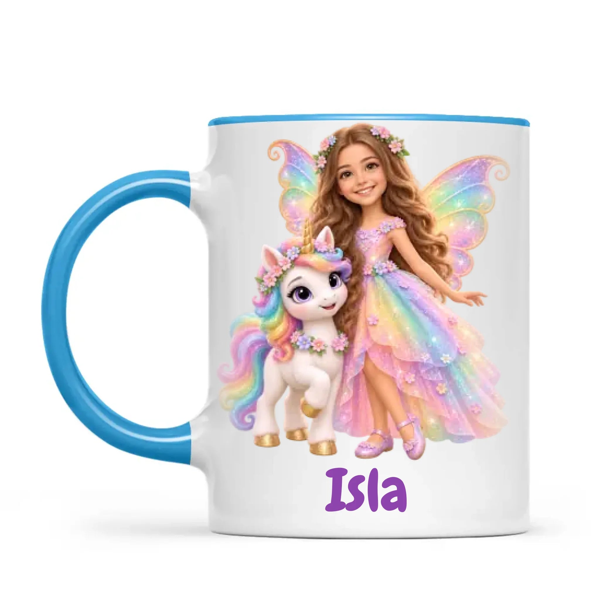 Personalised Unicorn Fairy Kids Photo Mug, 11oz mug with blue handle and rim