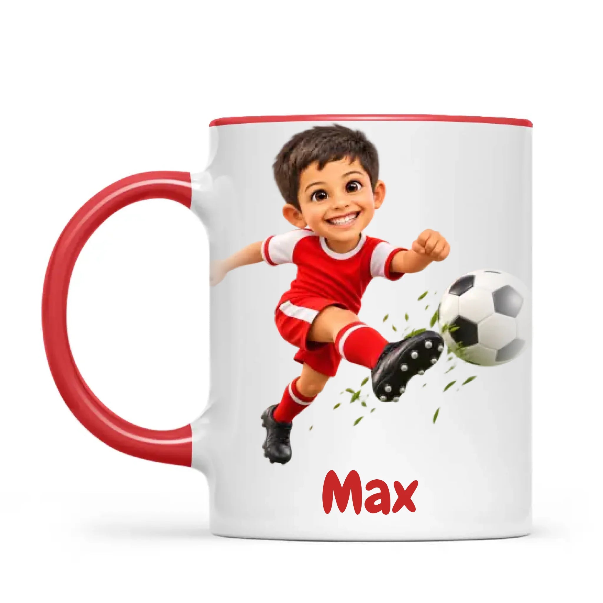 Personalised Football Star Kids Photo Mug, 11oz mug with red handle and rim