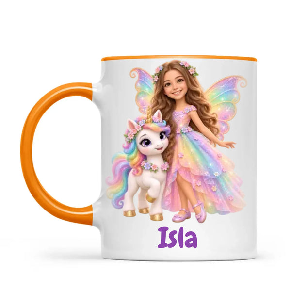 Personalised Unicorn Fairy Kids Photo Mug, 11oz mug with orange handle and rim